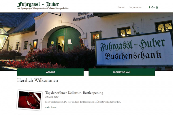 Screenshot der Webseite vom Heurigen Fuhrgassl-Huber wegen dem Tag der offenen Kellertür Bottleopening am 30. April 2017