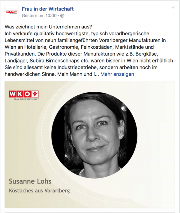 Beitrag über Susanne Lohs von Köstliches aus Vorarlberg auf der Facebook Seite von Frau in der Wirtschaft der WKO